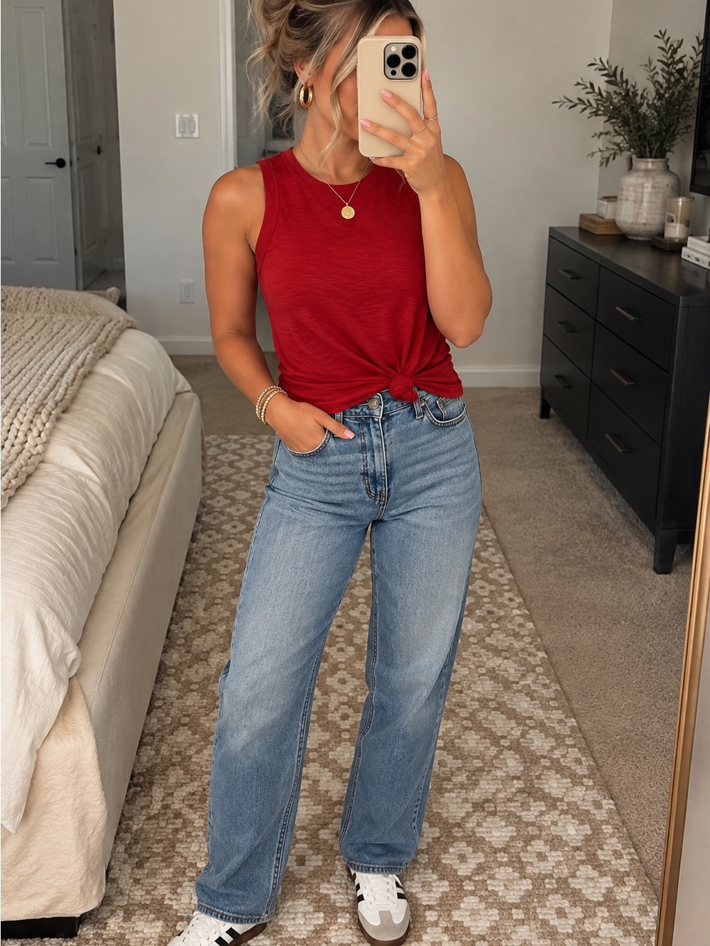 Madewell Sleeveless Knot-Front Tank in Red